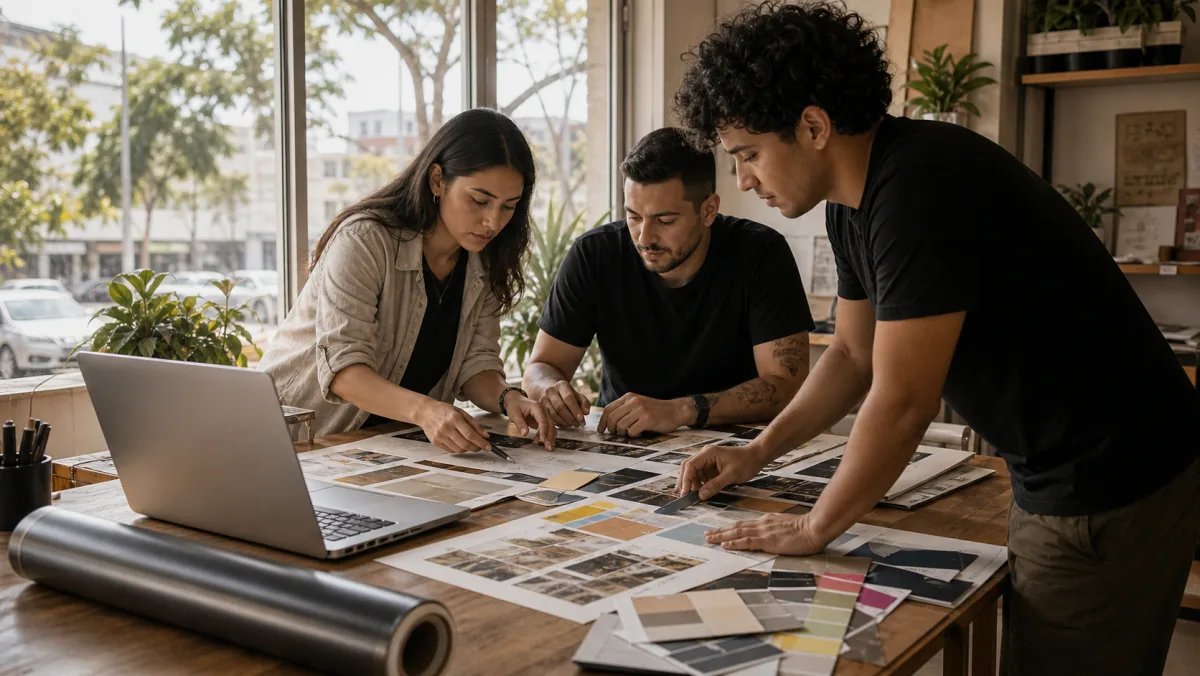 Equipo creativo colombiano colaborando alrededor de una mesa de diseño en Cali