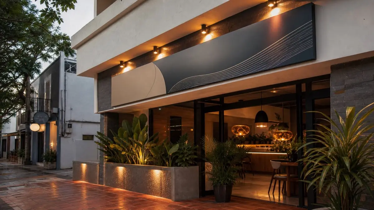 Fachada comercial con aviso publicitario y presencia visual